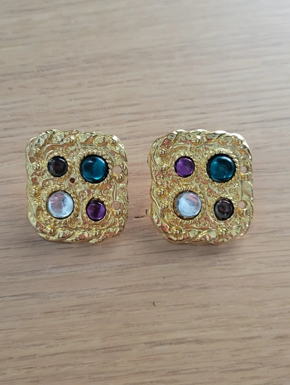 Vtg Gold-Tone Square Clip-On Statement 80s Earnings Green, Purple, Blue Accents